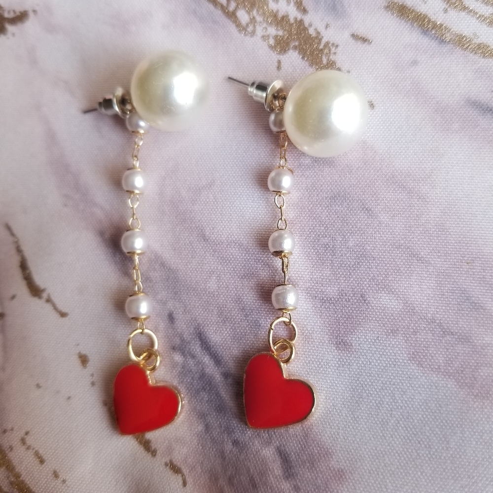 Red Heart Pearl Dangle Drop Earrings